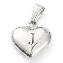 Honeyhandy 304 Stainless Steel Pendants, Heart with Black Letter, Stainless Steel Color, Letter.J, 16x16x4.5mm, Hole: 7x3mm