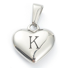 Honeyhandy 304 Stainless Steel Pendants, Heart with Black Letter, Stainless Steel Color, Letter.K, 16x16x4.5mm, Hole: 7x3mm