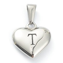 Honeyhandy 304 Stainless Steel Pendants, Heart with Black Letter, Stainless Steel Color, Letter.T, 16x16x4.5mm, Hole: 7x3mm