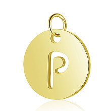 Honeyhandy 304 Stainless Steel Charms, Flat Round with Letter, Golden, Letter.P, 12x1mm, Hole: 2.5mm