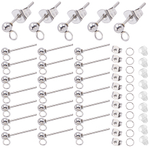 SOFPLATE 150Pcs 202 Stainless Steel Ball Stud Earring Findings, with 304 Stainless Steel Pins and Vertical Loop, 150Pcs Jump Rings, 300Pcs Ear Nuts, Stainless Steel Color, 14mm, Hole: 2mm, Pin: 0.7mm