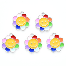 Honeyhandy Alloy Enamel Pendants, Flower, Platinum, Colorful, 18.5x16x1.5mm, Hole: 1.6mm