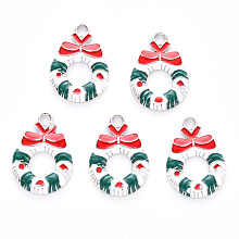 Arricraft Alloy Enamel Pendants, for Christmas, Christmas Wreath with Bowknot, Platinum, Colorful, 23x16x3mm, Hole: 2mm