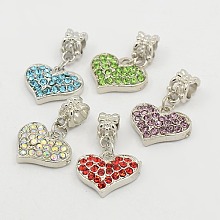 Honeyhandy Unique Valentines Day Ideas European Heart Dangle Charms, with Platinum Alloy Rhinestone Findings, Mixed Color, 15.5x18x4mm, Hole: 4.5mm