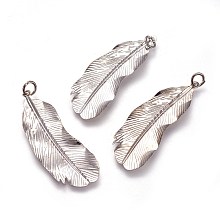 Honeyhandy Iron Pendants, Feather, Platinum, 43x16x1mm, Hole: 3.2mm