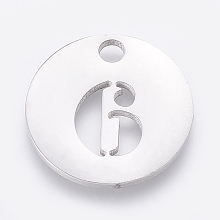 Honeyhandy 304 Stainless Steel Pendants, Cut-Out, Hollow, Flat Round with Number, Stainless Steel Color, Num.6, 19x1.5mm, Hole: 2.5mm