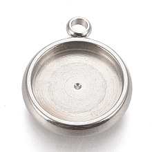 Honeyhandy 304 Stainless Steel Pendant Cabochon Settings, Lace Edge Bezel Cups, Flat Round, Stainless Steel Color, Tray: 10mm, 15x12.5x3mm, Hole: 1.8mm