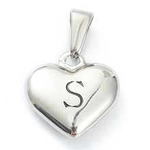 Honeyhandy 304 Stainless Steel Pendants, Heart with Black Letter, Stainless Steel Color, Letter.S, 16x16x4.5mm, Hole: 7x3mm