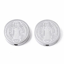 Honeyhandy 304 Stainless Steel Beads, Flat Round with Saint Benedict Medal, Stainless Steel Color, 14.5x3mm, Hole: 2mm