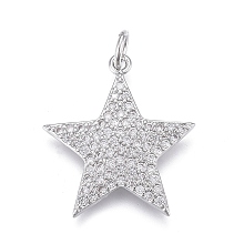 Honeyhandy Brass Micro Pave Clear Cubic Zirconia Pendants, Long-Lasting Plated, Star, Real Platinum Plated, 20x19x2mm, Jump Rings: 5x1mm, Inner Diameter: 3mm