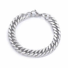 Honeyhandy Men's 304 Stainless Steel Diamond Cut Cuban Link Chain Bracelets, with Lobster Claw Clasps, Stainless Steel Color, 8-1/2 inch~8-5/8 inch(21.5~22cm), 10.5mm