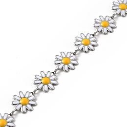 Honeyhandy 304 Stainless Steel Flower Link Chains, with Enamel, Soldered, with Spool, White, 10x1~2mm