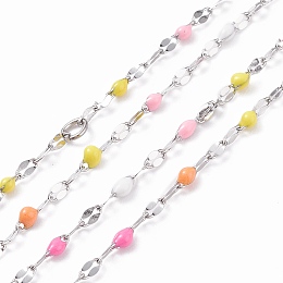 Honeyhandy 304 Stainless Steel Dapped Flat Oval Link Chains, Cable Chains, with Colorful Enamel and Spool, Soldered, Stainless Steel Color, 4~10x2x0.4~2mm, about 32.81 Feet(10m)/Roll