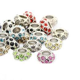 NBEADS 20 Pcs Random Mixed Color Platinum Tone Alloy Grade A Rhinestone European Beads Large Hole Rondelle Bracelet Charms