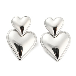 Honeyhandy Non-Tarnish 304 Stainless Steel Double Heart Dangle Stud Earrings for Women, Stainless Steel Color, 32.5x20mm