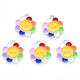 Honeyhandy Alloy Enamel Pendants, Flower, Platinum, Colorful, 18.5x16x1.5mm, Hole: 1.6mm