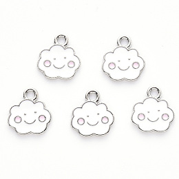 Honeyhandy Alloy Enamel Charms, Cloud, with Smile Face, Platinum, White, 13x12x1mm, Hole: 1.8mm