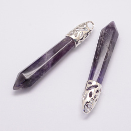 Honeyhandy Natural Amethyst Big Pointed Pendants, with Alloy Findings, Bullet, Platinum, 57~63x13x10mm, Hole: 3x4mm