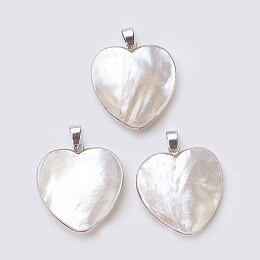 Honeyhandy Shell Pendants, with Brass Finding, Heart, Platinum, 33~33.5x31x6~9mm, Hole: 4x7mm