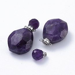 Honeyhandy Faceted Natural Amethyst Openable Perfume Bottle Pendants, with 304 Stainless Steel Findings, Stainless Steel Color, 38~39.5x22.5~23x11~13.5mm, Hole: 1.8mm, Bottle Capacity: 1ml(0.034 fl. oz)