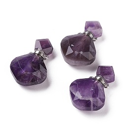 Honeyhandy Rhombus Natural Amethyst Perfume Bottle Pendants, with 304 Stainless Steel Findings, Faceted, Stainless Steel Color, 26~27x17~17.5x8~8.5mm, Hole: 1.4mm, Capacity: about 2ml(0.06 fl. oz)