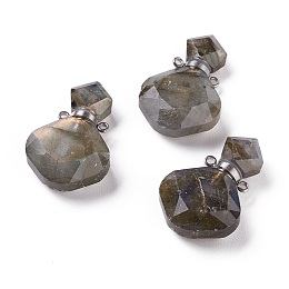 Honeyhandy Rhombus Natural Labradorite Perfume Bottle Pendants, with 304 Stainless Steel Findings, Faceted, Stainless Steel Color, 26~27x17~17.5x8~8.5mm, Hole: 1.4mm, Capacity: about 2ml(0.06 fl. oz)