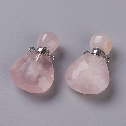 Honeyhandy Teardrop Natural Rose Quartz Perfume Bottle Pendants, with 304 Stainless Steel Findings, Faceted, Stainless Steel Color, 26~26.5x17x8~8.5mm, Hole: 1.4mm, Capacity: about 2ml(0.06 fl. oz)