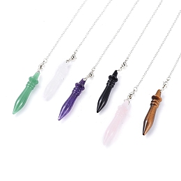 Honeyhandy Natural Mixed Gemstone Dowsing Pendulum Big Pointed Pendants, with Platinum Plated Brass Cable Chain, Bullet, 250mm