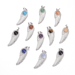 Honeyhandy Natural & Synthetic Mixed Gemstone Pendants, with Platinum Tone Brass Findings, Wing, 47x16x7.5mm, Hole: 7x5mm