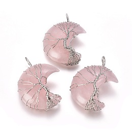 Honeyhandy Natural Rose Quartz Tree of Life Wire Wrapped Pendants, with Brass Findings, Crescent Moon, Platinum, 44~46x26~32x12.5mm, Hole: 6.5x4.5mm