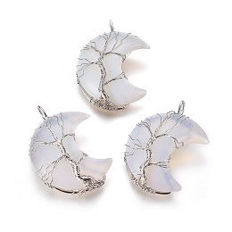 Honeyhandy Opalite Tree of Life Wire Wrapped Pendants, with Brass Findings, Crescent Moon, Platinum, 44~46x26~32x12.5mm, Hole: 6.5x4.5mm