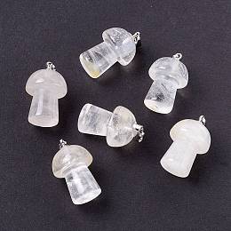 Honeyhandy Natural Quartz Crystal Pendants, with Platinum Tone Brass Findings, Mushroom , 29.5x14mm, Hole: 2.4mm