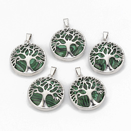 Honeyhandy Synthetic Malachite Pendants, with Brass Findings, Flat Round with Tree of Life, Dyed, Platinum, 30.5x27x8mm, Hole: 7x3mm