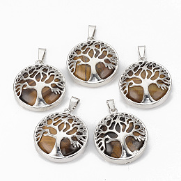 Honeyhandy Natural Tiger Eye Pendants, with Brass Findings, Flat Round with Tree of Life, Platinum, 30.5x27x8mm, Hole: 7x3mm