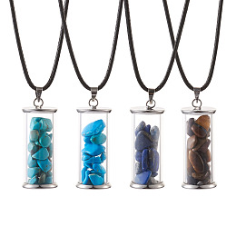 Honeyhandy Pandahall Pendant Necklaces, with Glass Bottle(Chip Gemstone Beads inside), Polyester Rope and Stainless Steel Chain Extender, 17.7 inch(45cm), 4pcs/box