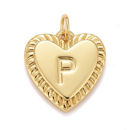 Honeyhandy Rack Plating Real 18K Gold Plated Brass Pendants, with Jump Rings, Long-Lasting Plated, Lead Free & Cadmium Free & Nickel Free, Heart with Letter A~Z, Letter.P, 16x15x2.5mm, Jump Ring: 5x0.5mm, 3mm Inner Diameter