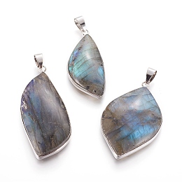 Honeyhandy Natural Labradorite Pendants, with Brass Findings, Leaf, Platinum, 42.5~51x18.5~28x7~8mm, Hole: 4.5x8mm