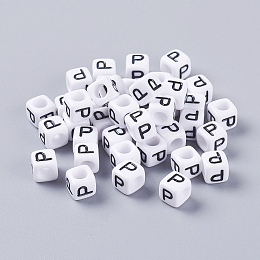 Honeyhandy Acrylic Horizontal Hole Letter Beads, Cube, White, Letter P, Size: about 6mm wide, 6mm long, 6mm high, hole: about 3.2mm, about 2600pcs/500g