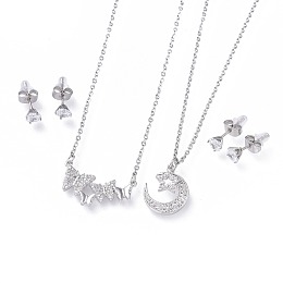 Honeyhandy 304 Stainless Steel Jewelry Sets, Brass Micro Pave Cubic Zirconia Pendant Necklaces and 304 Stainless Steel Stud Earrings, with Ear Nuts/Earring Back, Mixed Shapes, Stainless Steel Color, 17.3~18.5 inch(44~47cm), 5.5x4mm, Pin: 0.8mm