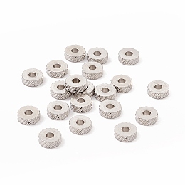 Honeyhandy Non-Tarnish 201 Stainless Steel Spacer Beads, Flat Round with Twill Texture, Stainless Steel Color, 6x2mm, Hole: 2mm