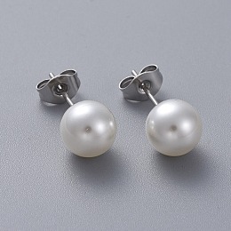 Honeyhandy Plastic Imitation Pearl Stud Earrings, with 304 Stainless Steel Pins and Ear Nuts, Round Ball, Stainless Steel Color, 8mm, Pin: 0.6mm, 6pairs/card