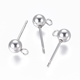 Honeyhandy 304 Stainless Steel Ear Stud Components, with Loop, Ball, Stainless Steel Color, 16x5mm, Hole: 1.6mm, Pin: 0.8mm