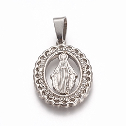 Honeyhandy Religion Theme 304 Stainless Steel Pendants, with Crystal Rhinestone, Oval with Virgin Mary, Stainless Steel Color, 25x17x2mm, Hole: 7x4mm