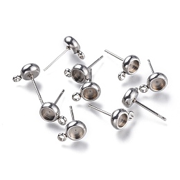 Honeyhandy 304 Stainless Steel Stud Earring Settings, with Loop, Flat Round, Stainless Steel Color, Flat Round: 9x6.3mm, Hole: 1.8mm, Pin: 0.8mm, Tray: 4mm