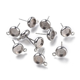 Honeyhandy 304 Stainless Steel Stud Earring Settings, with Loop, Flat Round, Stainless Steel Color, Flat Round: 11x8.3mm, Hole: 1.6mm, Pin: 0.8mm, Tray: 6mm