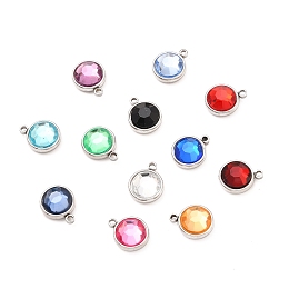 Honeyhandy 304 Stainless Steel Charms, with Acrylic Rhinestone, Birthstone Charms, Faceted, Flat Round, Stainless Steel Color, Mixed Color, 12x10x4.4mm, Hole: 1.3mm