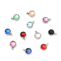 Honeyhandy 304 Stainless Steel Charms, with Acrylic Rhinestone, Birthstone Charms, Faceted, Flat Round, Stainless Steel Color, Mixed Color, 10x8x4mm, Hole: 1.3mm