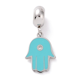 Honeyhandy 304 Stainless Steel European Dangle Charms, Large Hole Pendants, with Crystal Rhinestone and Enamel, Hamsa Hand/Hand of Miriam, Stainless Steel Color, Turquoise, 24mm, Hole: 4.5mm, Pendant: 15x11x1.5mm