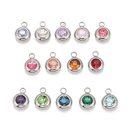 Honeyhandy 304 Stainless Steel Pendants, with K9 Rhinestone, Flat Round, Mixed Color, 14x10x6mm, Hole: 2.5mm