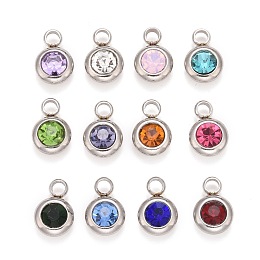 Honeyhandy 304 Stainless Steel Pendants, with K9 Rhinestone, Flat Round, Mixed Color, 12x8x4mm, Hole: 2.5mm